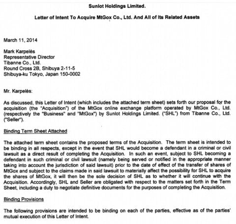 Mt Gox Letter of intent