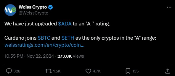 Cardano obtém classificação “A-”, junta-se ao Elite BTC e ETH Tier
