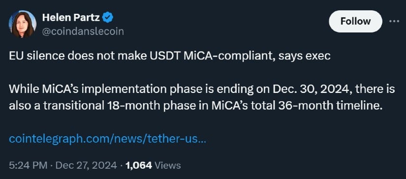 Uncertainty regarding USDT compliance