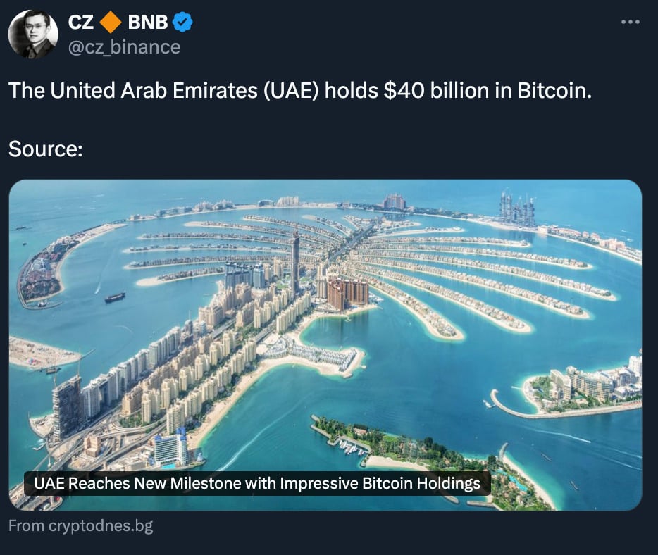 UAE’s Alleged $40 Billion Bitcoin Holdings Draw Scrutiny After Binance Founder Highlights Unverified Data