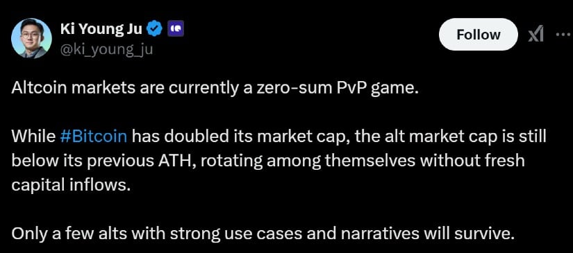 Ju noted, emphasizing that only a handful of altcoin projects with strong use cases and compelling narratives are likely to endure.