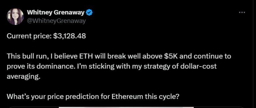 Whitney Grenaway predicts that Ethereum could surpass $5,000 during this bull run, reaffirming its market dominance, while she continues her dollar-cost averaging strategy.