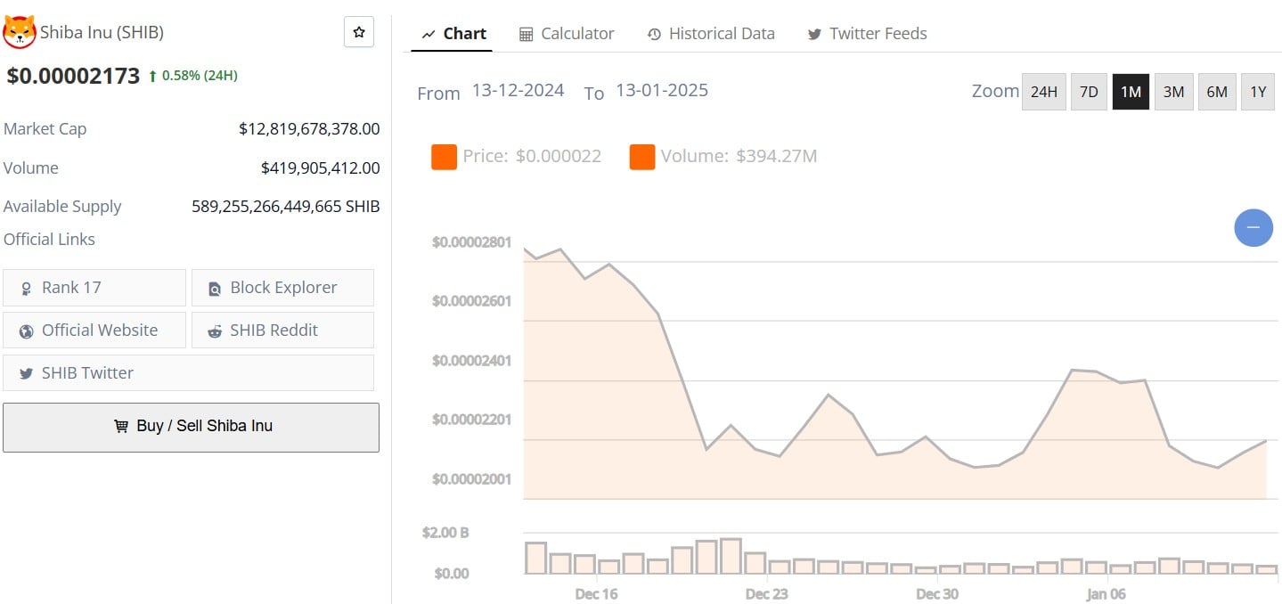 Shib Price 12 Jan