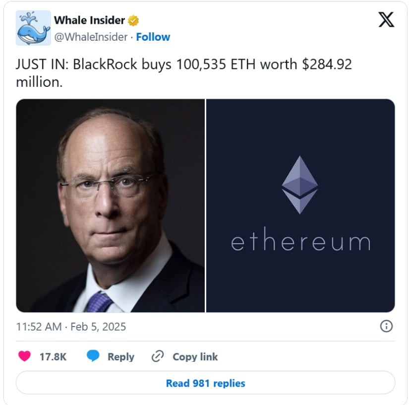 BlackRock bought Ethereum worth $289.92 million.