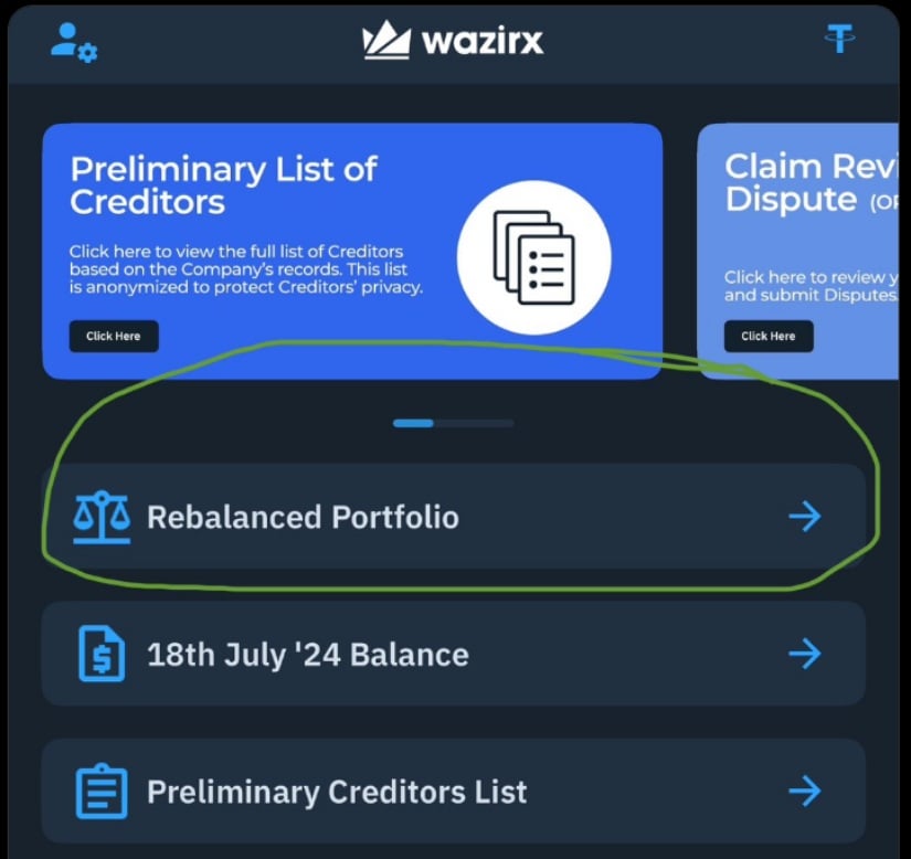 WazirX platform shows 'Rebalanced Portfolio' option for users