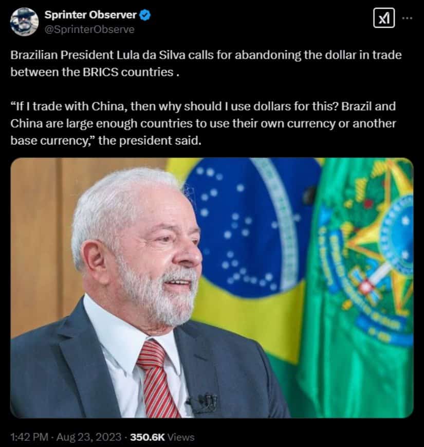 Brazilian President Lula da Silva calls for abandoning the dollar in BRICS trade