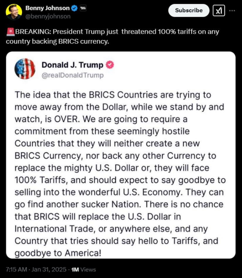 President Trump threatens 100% tariffs on countries supporting BRICS currency