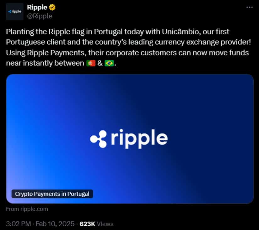 Ripple sealed a deal with Unicâmbio, a leading Portuguese exchange, to enhance Portugal-Brazil cross-border payments.