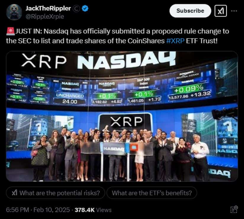 Nasdaq has filed a rule change request with the SEC to list the CoinShares XRP ETF