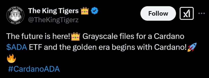 Crypto communities are optimistic about Grascale’s move for Cardano ETF.