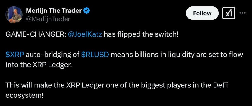 XRP Automatic Bridging RLUSD unlocks billions in liquidity, positioning the KSRP book as the main deforter.