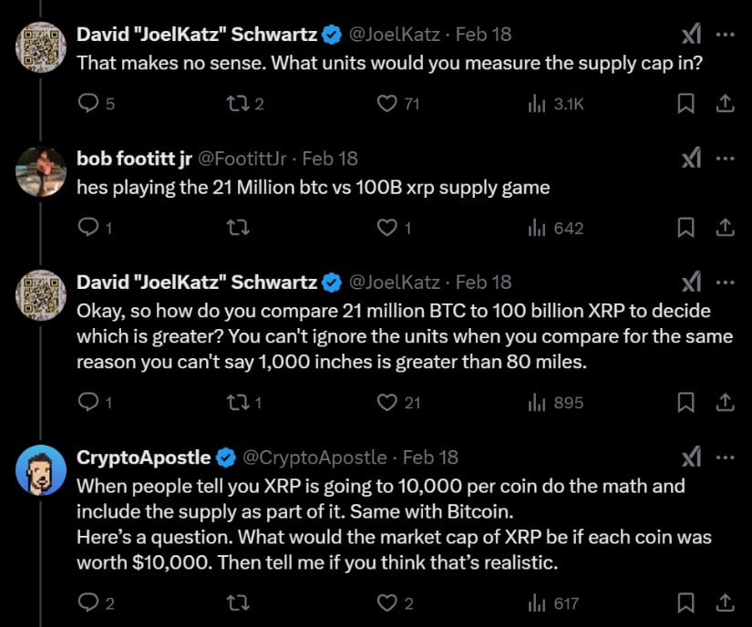 Schwartz dismissed supply comparisons between XRP and Bitcoin as misleading without unit context