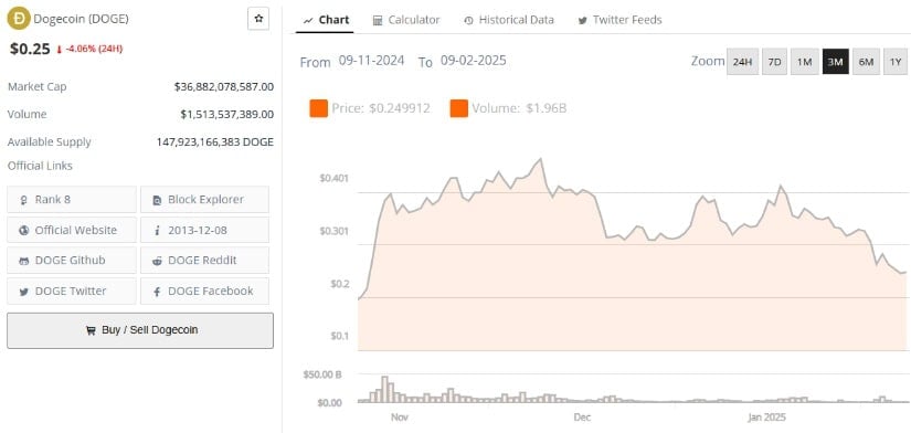 Dogecoin (DOGE) was negotiated at around $ 0.25, down 4.06% in the last 24 hours