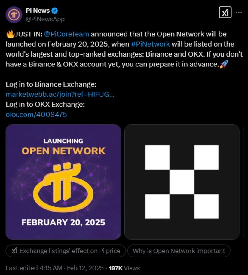 Pi Network's Open Network to launch on February 20, 2025 