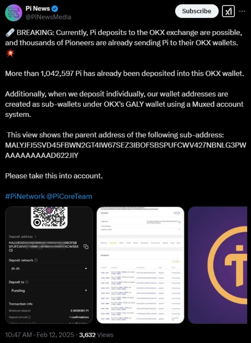 Pi deposits now possible on OKX exchange, over 1 million Pi transferred