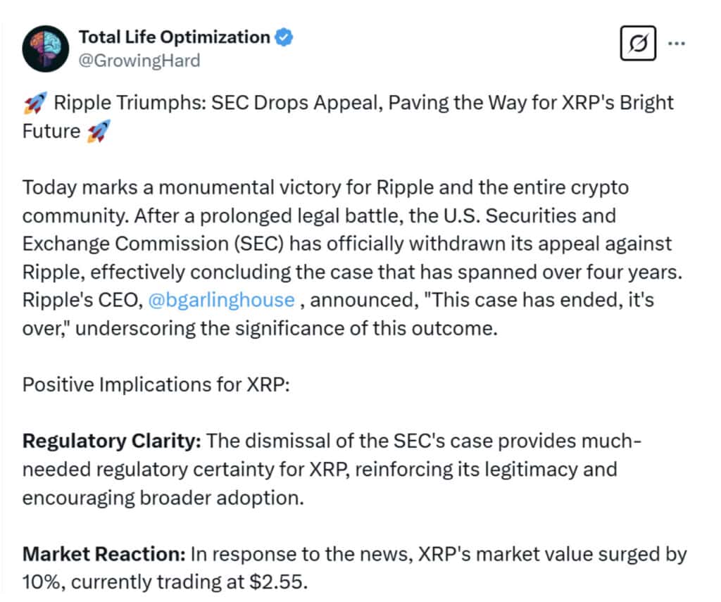 After four years of legal uncertainty, the U.S. Securities and Exchange Commission (SEC) has officially dropped its lawsuit against Ripple, leading to a surge in XRP’s price.