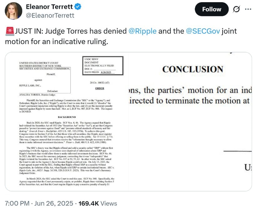 Ripple and SEC’s Request Rejected