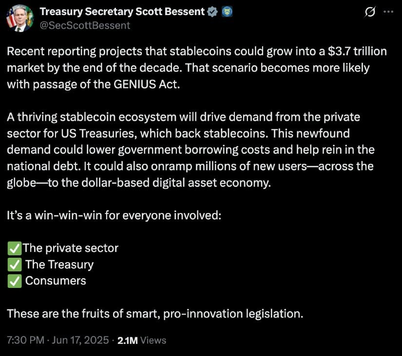 Treasury Secretary Scott Bessent's post on X