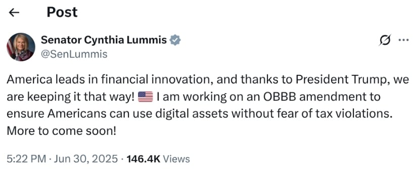 Senator Lummis X post.