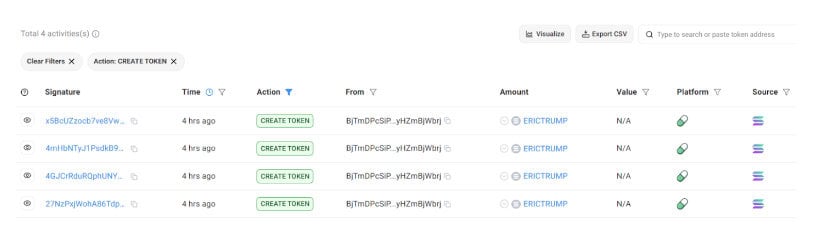 Fake Eric Trump tokens created by the same deployer
