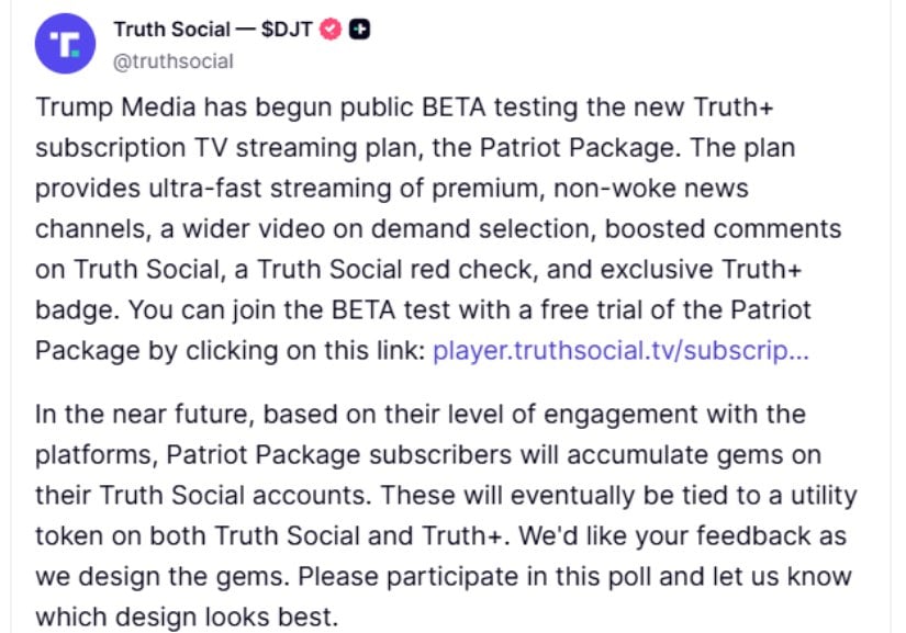 Truth Social Introduces Utility Tokens for Patriot Package Subscribers