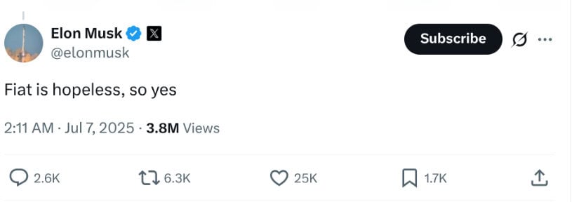 Elon Musk X post.