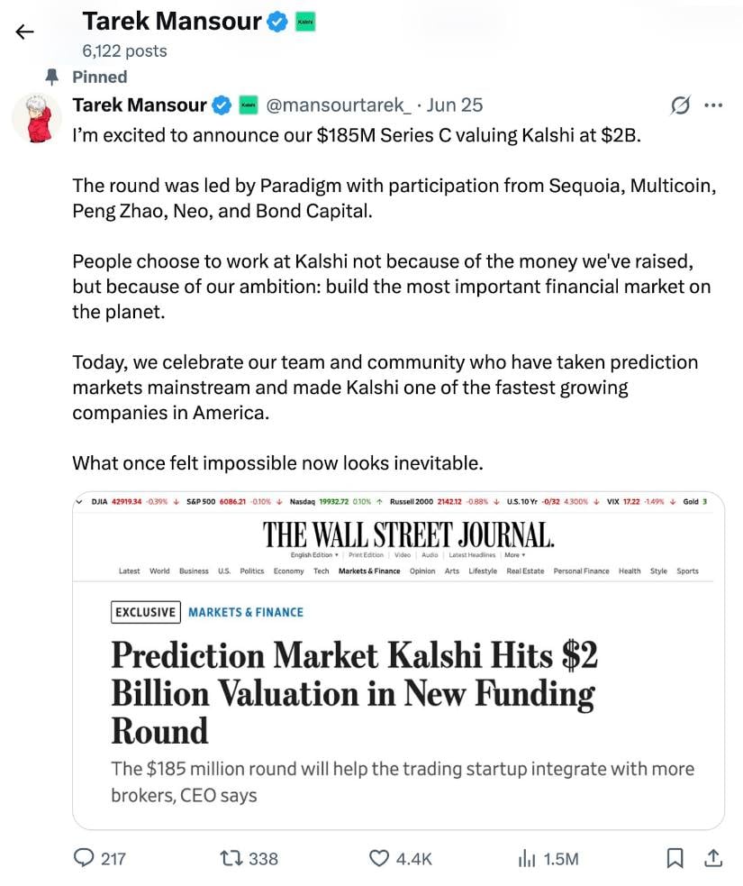 Kalshi raises $185M.