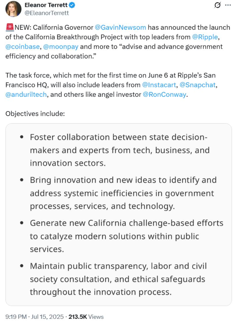 Ripple News Today: Ripple Joins California Task Force as State Embraces