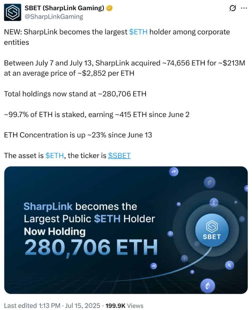SharpLink X announcement.