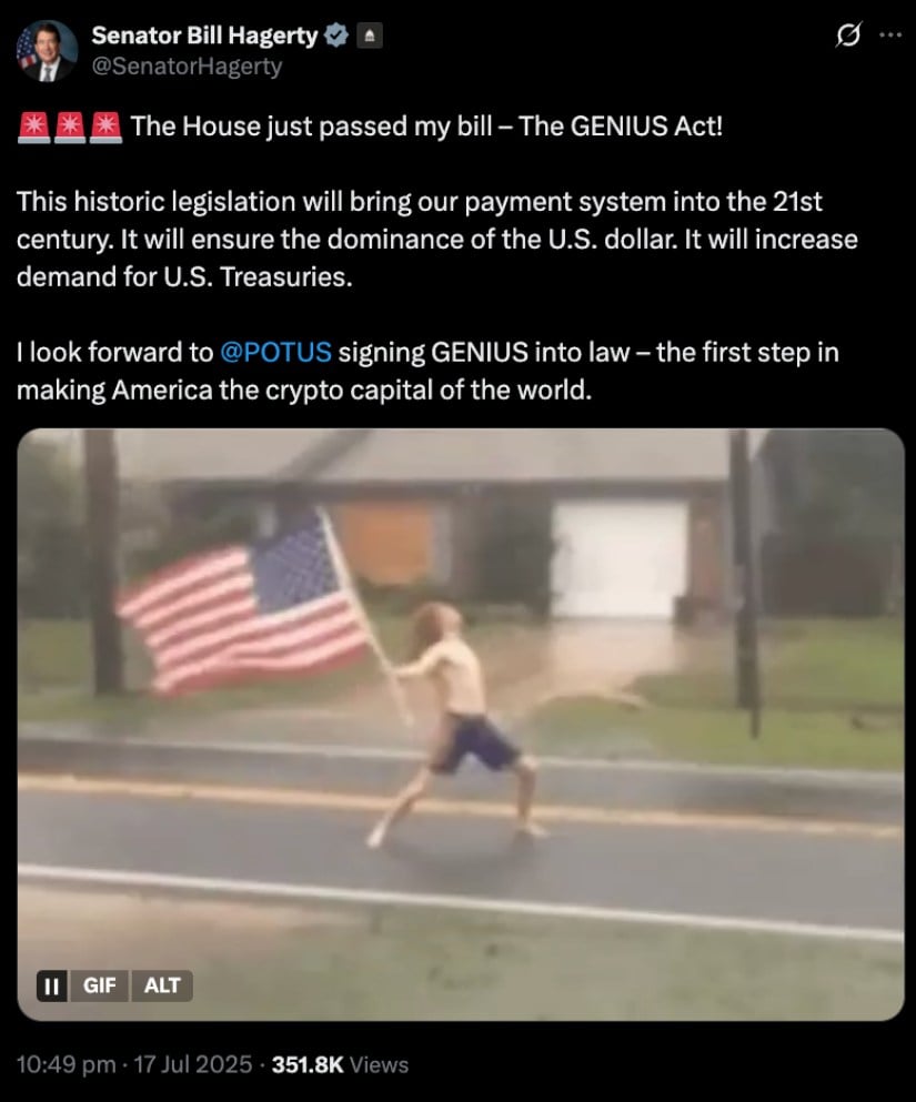 Senator Bill Hagerty announcing the passing of his GENIUS Act on X.