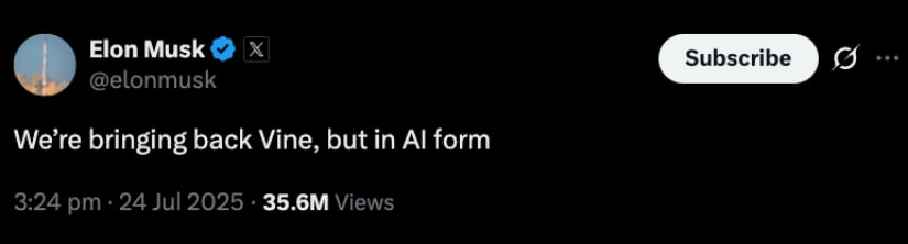 Elon Musk’s post on X announcing bringing back Vine in AI form.