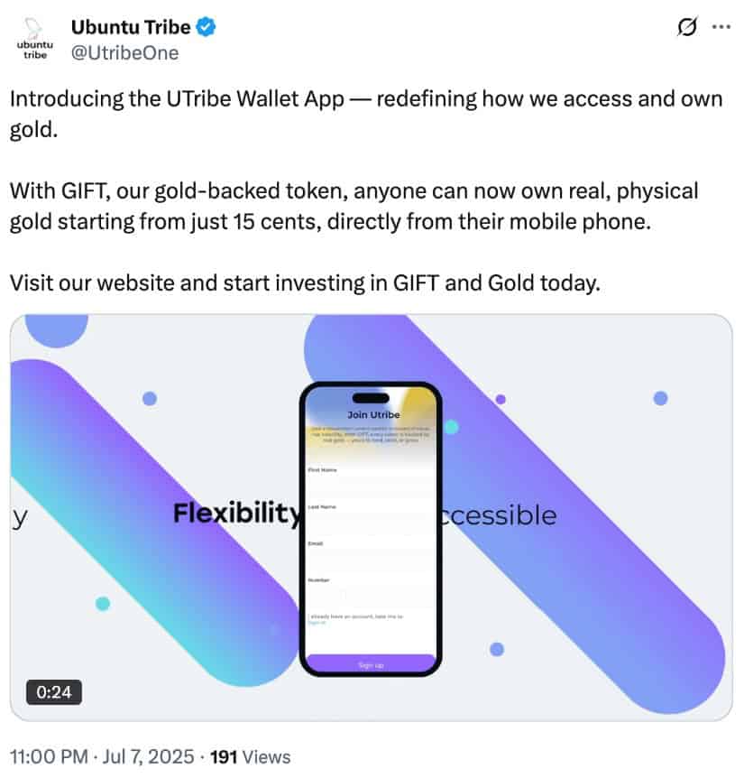 GIFT Gold post by Ubuntu Tribe on X.
