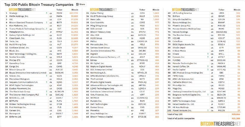 Companies with Bitcoin holdings according to Bitcoin Treasuries
