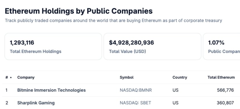 Ethereum holdings list via CoinGecko.