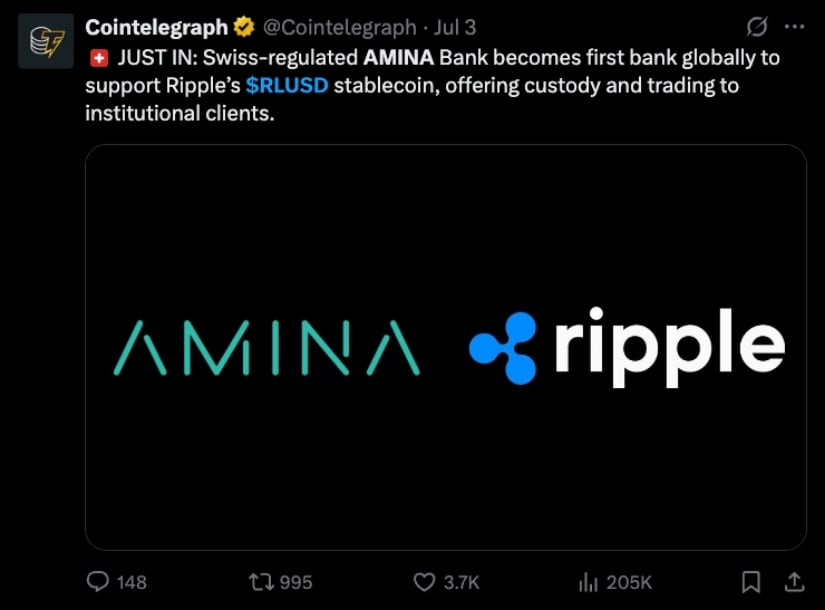 Cointelegraph announcement of AMINA Bank’s support for RLUSD