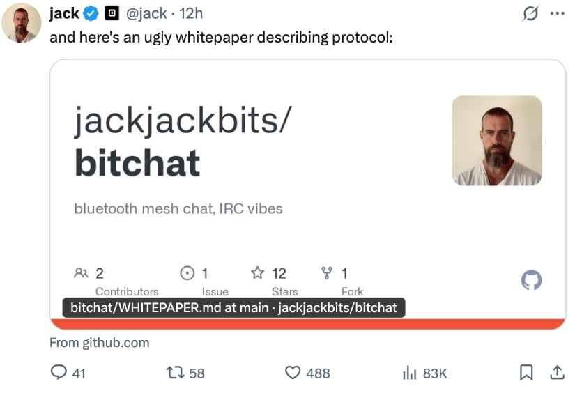 Jack Dorsey unveils bitchat on X