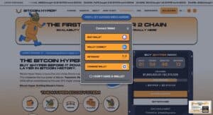 WalletConnect pop-up on the Bitcoin Hyper presale site with wallet options like Best Wallet, MetaMask, and Coinbase Wallet