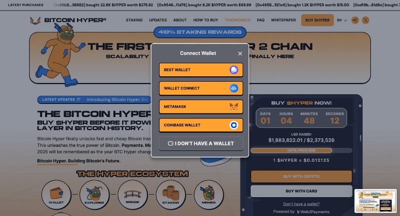 WalletConnect pop-up on the Bitcoin Hyper presale site with wallet options like Best Wallet, MetaMask, and Coinbase Wallet