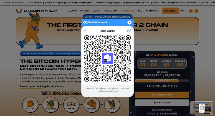 Scanning Best Wallet WalletConnect QR code inside the Best Wallet app to connect to Bitcoin Hyper presale