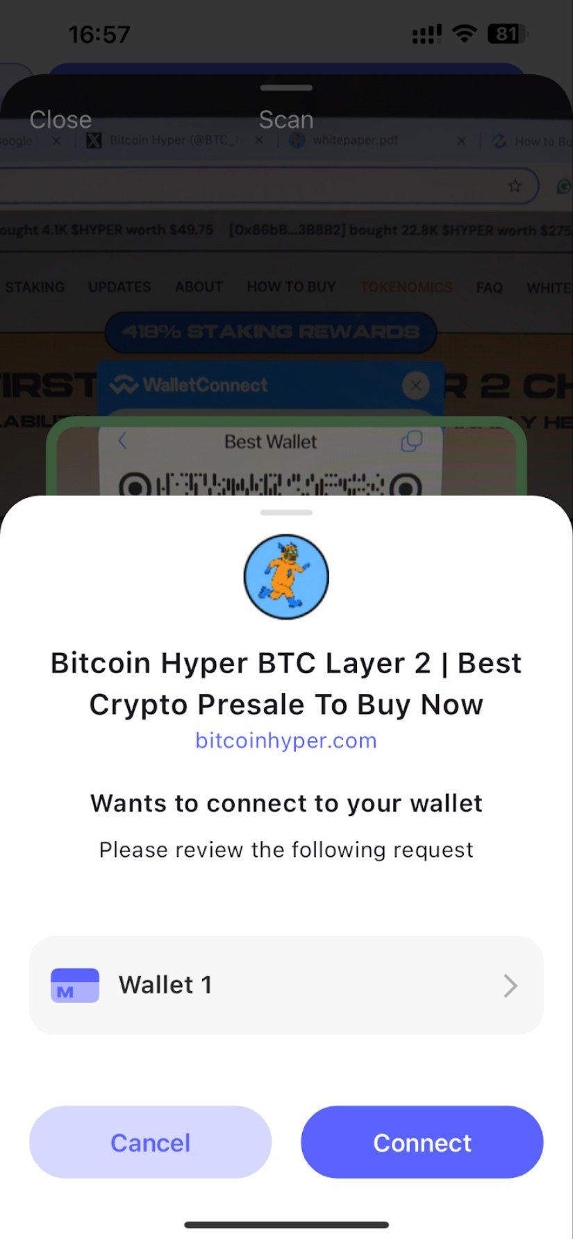 Pop up inside the Best Wallet to select wallet and connect to Bitcoin Hyper presale website.