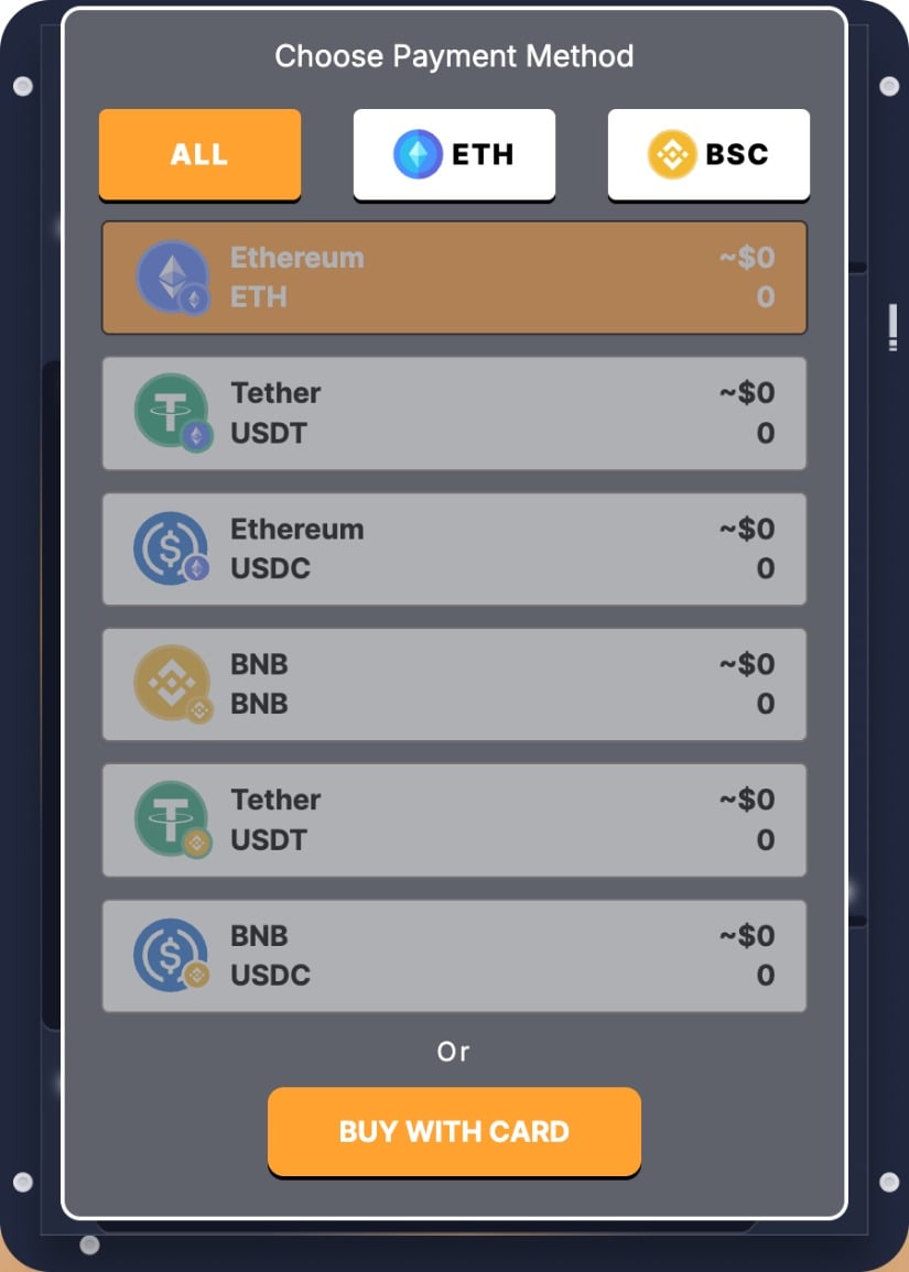 Select between $ETH, $USDT, $USDC, $BNB, or even a credit card to buy $HYPER in the presale widget