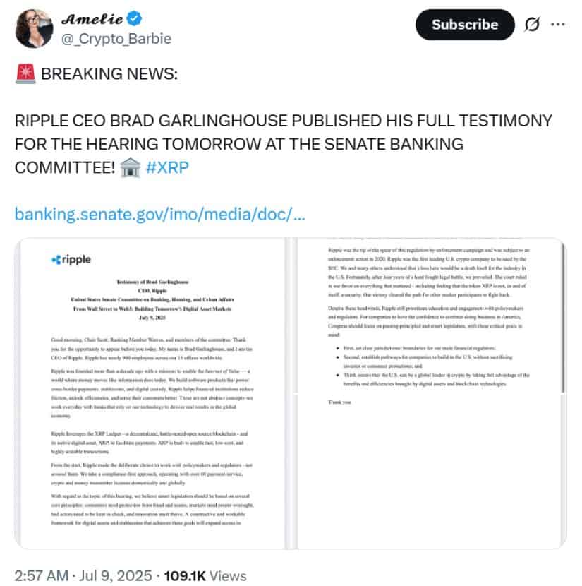 Ripple CEO Urges Regulatory Clarity During U.S. Senate Testimony