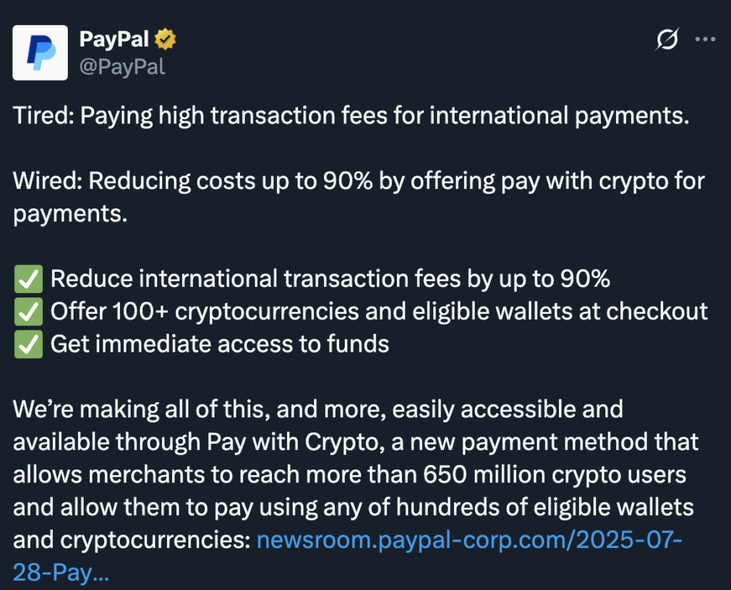 PayPal just made a big move, and it's not just virtue signaling with Bitcoin anymore. It's swinging the door open to crypto payments, rolling out a new checkout tool that supports over 100 different digital assets, from Bitcoin and Ethereum to Solana and XRP.