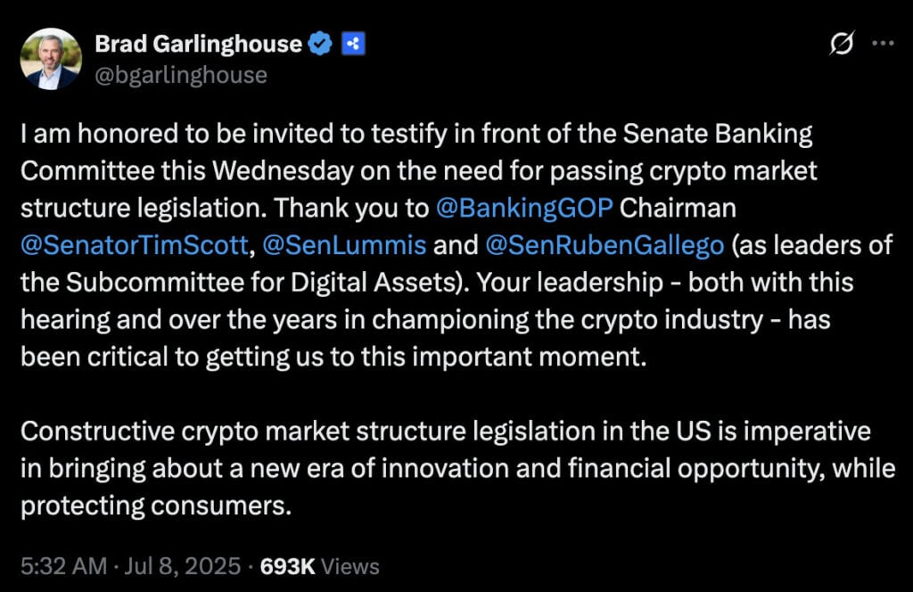  Ripple CEO Brad Garlinghouse, in testimony prepared for Wednesday’s Senate hearing, made the case bluntly: “Once market structure legislation for digital assets becomes law in the U.S., this will catalyze a new era of U.S. competitiveness.”