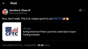 Caroline D. Pham's post on X confirming the CFTC push for spot crypto trading.