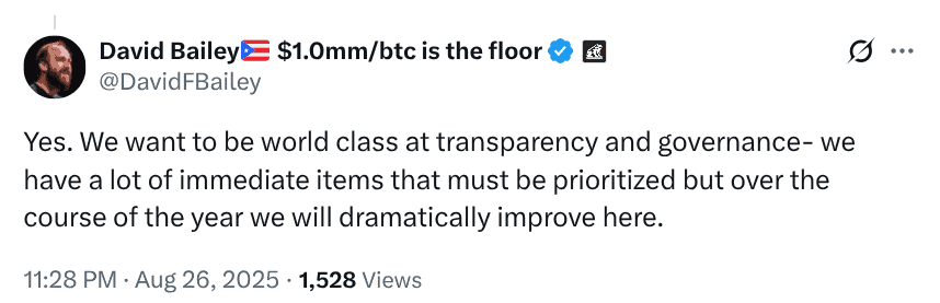 David Bailey’s response to an X question bout transparency and governance