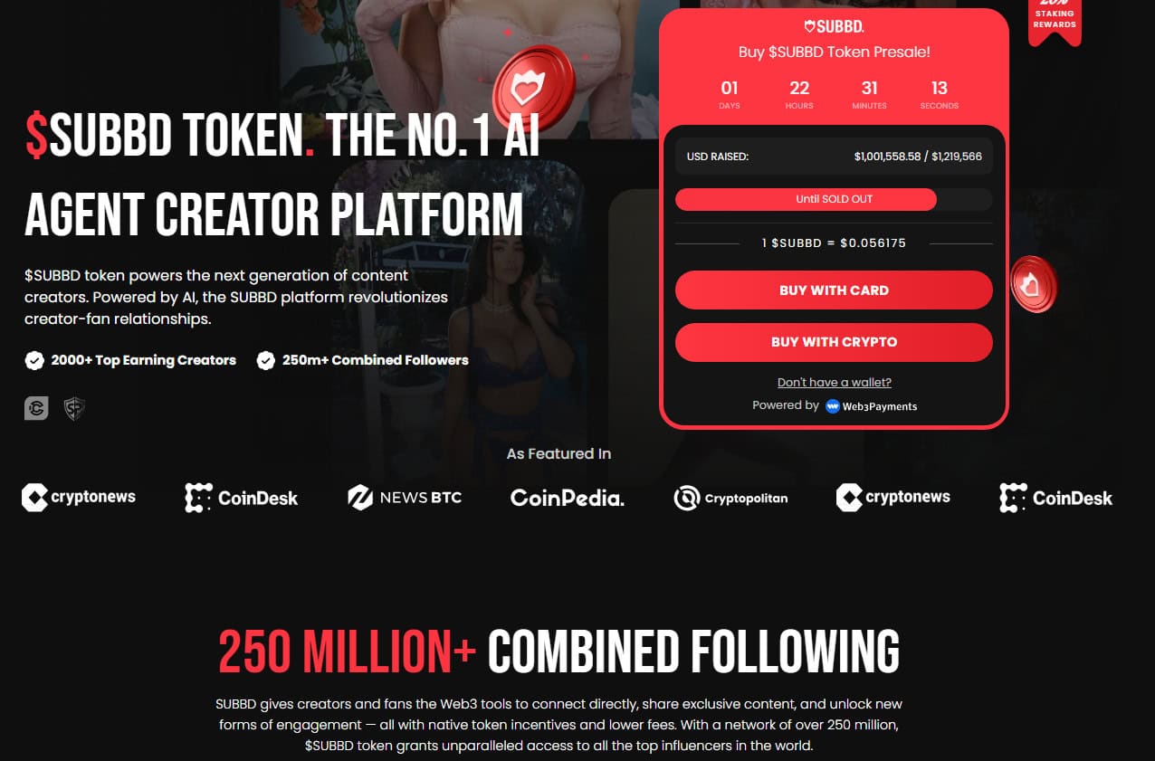SUBBD Token presale page featuring presale numbers and token price
