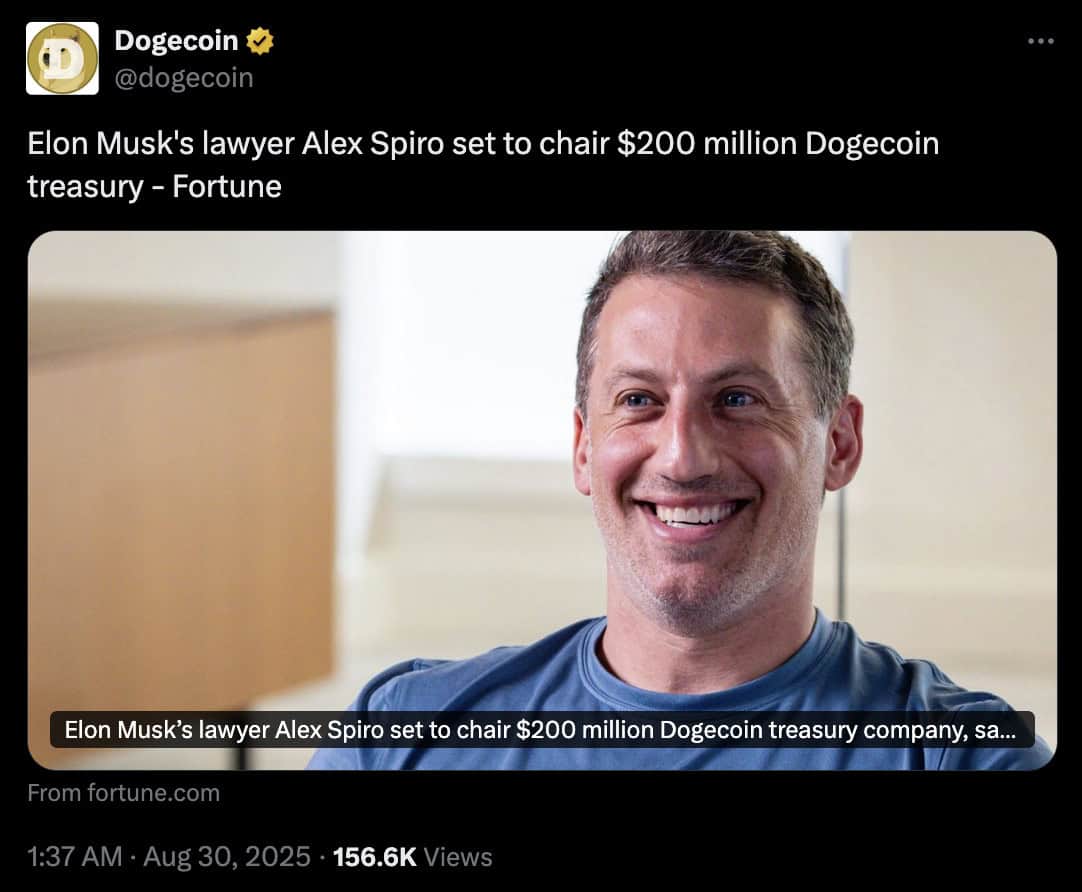 dogecoin 200M treasury post on X.