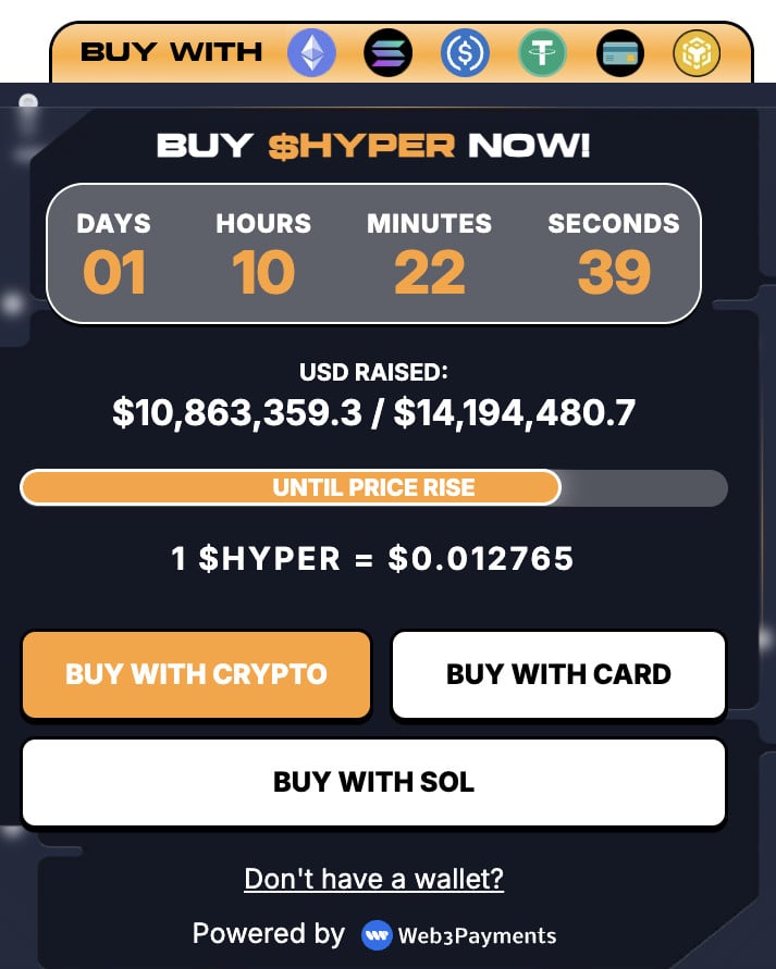 Bitcoin Hyper presale widget and payment options.