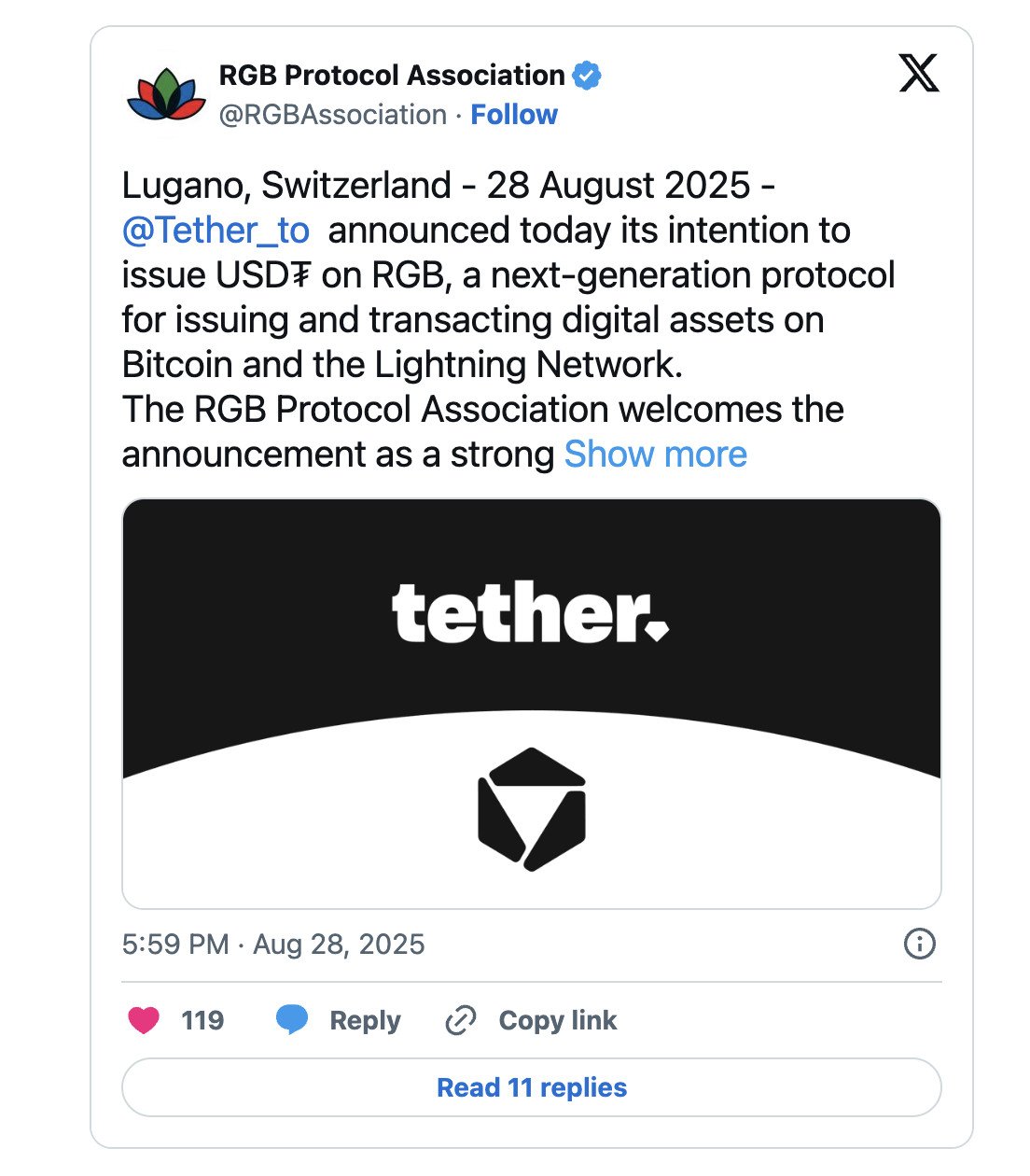 RGM Protocol Association announcement on Tether partnership.